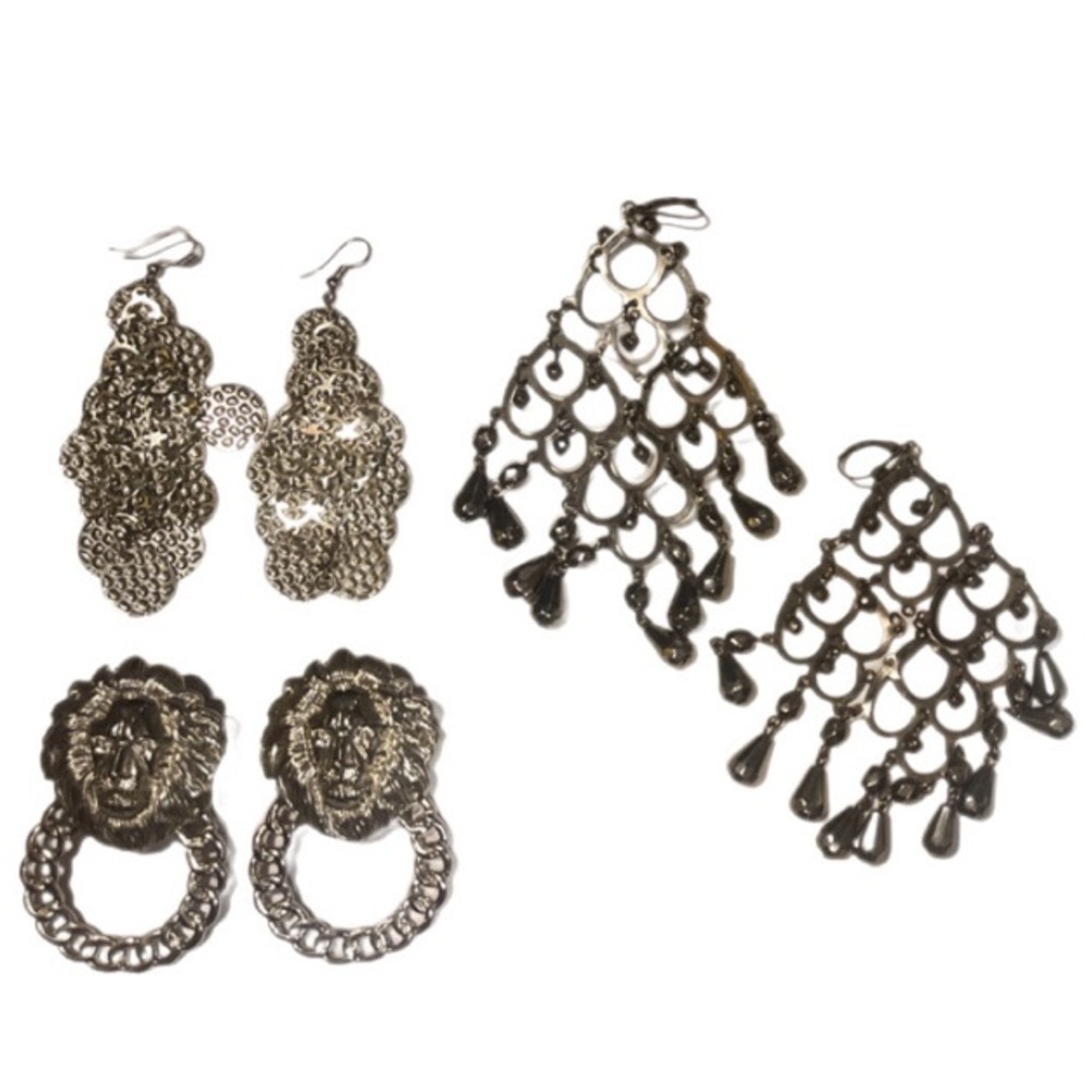 Lot of 3 Statement Silver Chandelier Dangle Trendy Earrings Intricate Design OS